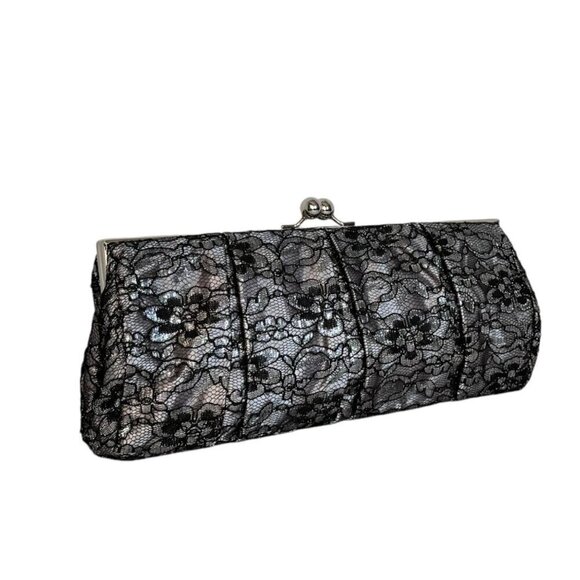 Express Clutch Evening Bag Black Silver Lace Kiss Lock Rectangular Whimsigoth - Picture 9 of 9